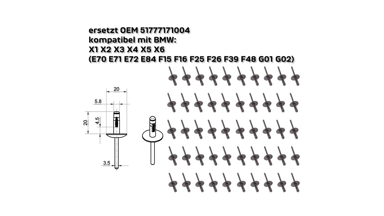 Spreizniet Clips/Kunststoff Faltniete – ersetzt OEM 51777171004 – kompatibel mit BMW X1 X2 X3 X4 X5 X6 (E70 E71 E72 E84 F15 F16 F25 F26 F39 F48 G01 G02)