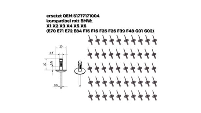 Spreizniet Clips/Kunststoff Faltniete – ersetzt OEM 51777171004 – kompatibel mit BMW X1 X2 X3 X4 X5 X6 (E70 E71 E72 E84 F15 F16 F25 F26 F39 F48 G01 G02)