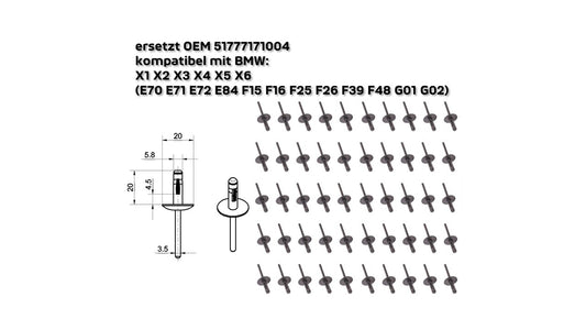 Spreizniet Clips/Kunststoff Faltniete – ersetzt OEM 51777171004 – kompatibel mit BMW X1 X2 X3 X4 X5 X6 (E70 E71 E72 E84 F15 F16 F25 F26 F39 F48 G01 G02)