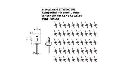 Spreizniet Clips/Kunststoff Faltniete – ersetzt OEM 51717002953 – kompatibel mit BMW 1er 2er 3er 4er X1 X3 X5 X6 Z4 MINI R60 R61