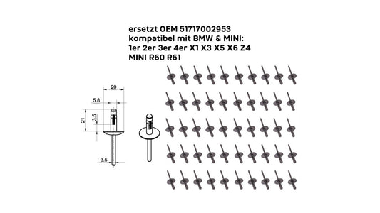 Spreizniet Clips/Kunststoff Faltniete – ersetzt OEM 51717002953 – kompatibel mit BMW 1er 2er 3er 4er X1 X3 X5 X6 Z4 MINI R60 R61