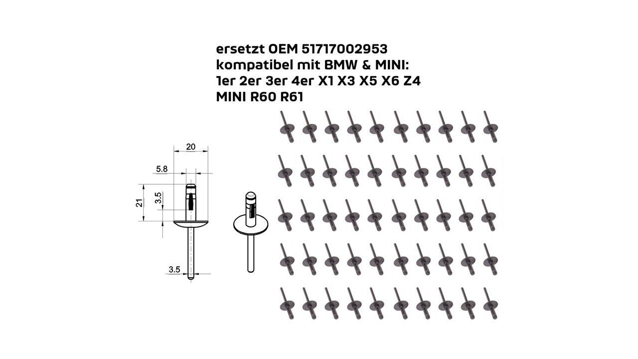 Spreizniet Clips/Kunststoff Faltniete – ersetzt OEM 07147293278 – kompatibel mit BMW X3 X4 X5 X6 (F15 F16 F25 F26 F85 F86) & MINI Cabrio F57
