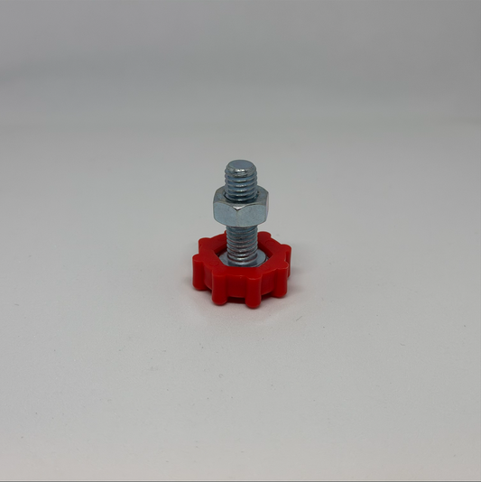 Höhenverstellschraube mit rotem Stellfuß und Mutter für MWH Tischfußkappe 47 x 31 mm