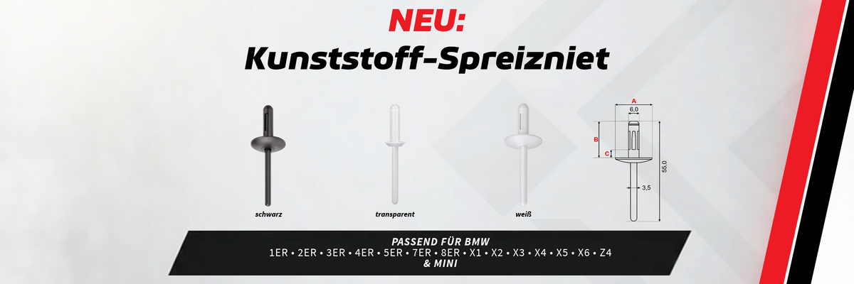 Neu: Kunststoff-Spreiznieten in Schwarz, Transparent und Weiß, passend für BMW 1er bis 8er, X1 bis X6, Z4 und MINI